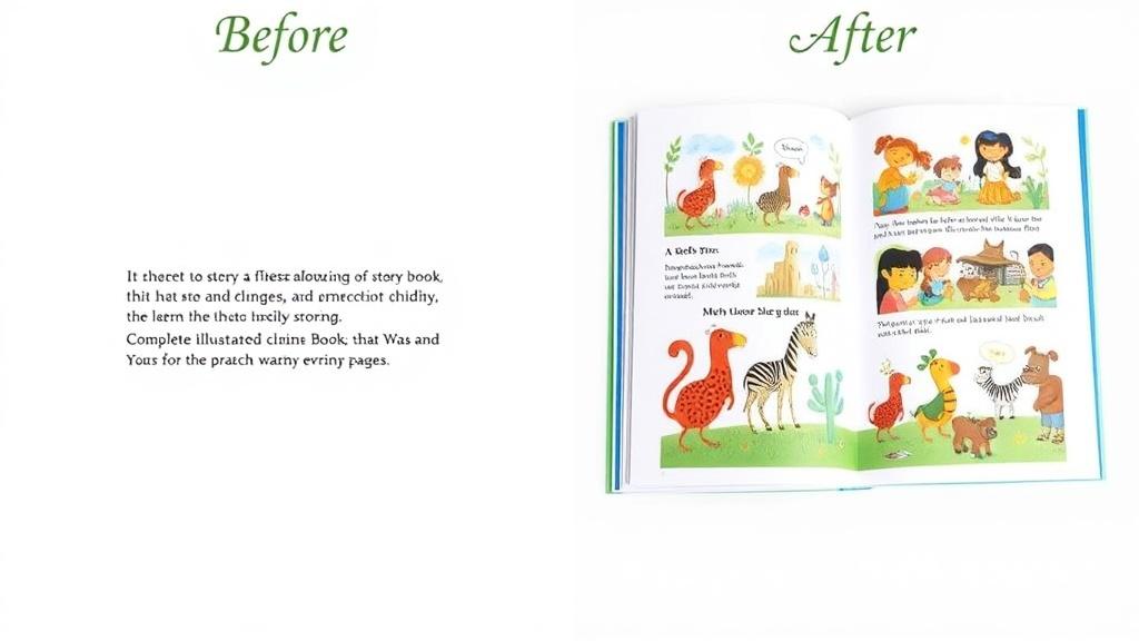 Before and after comparison of plain text story versus complete illustrated picture book