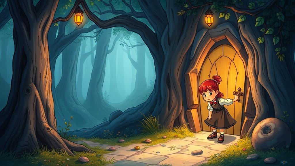 An illustrated children's book page with a girl discovering a hidden door in an enchanted forest