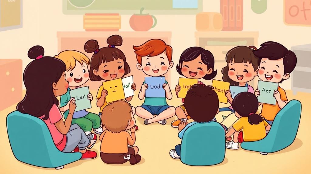 Kids sitting in a sharing circle holding emotion cards