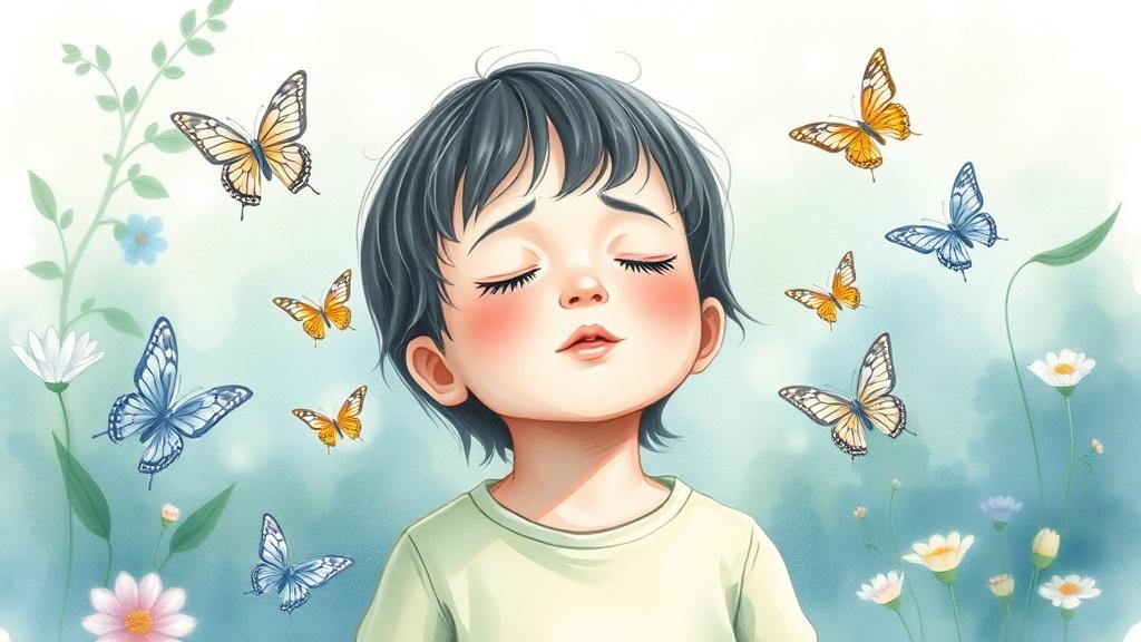 A child practicing deep breathing in a peaceful garden with butterflies