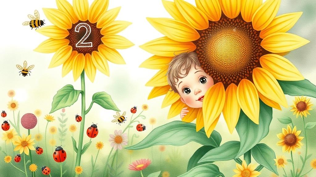 Watercolor style illustration of a toddler playing peek-a-boo in a garden