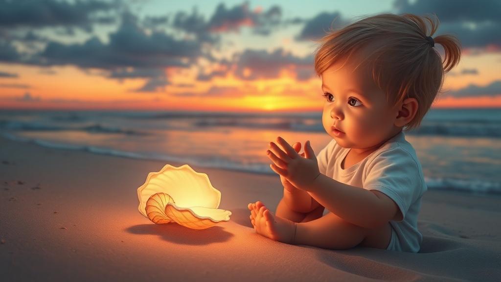 Cinematic style illustration of a toddler discovering a seashell on a beach