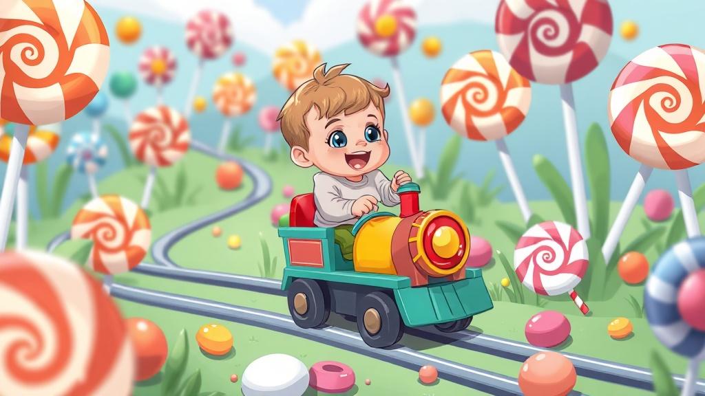 Cartoon style illustration of a toddler on a toy train adventure