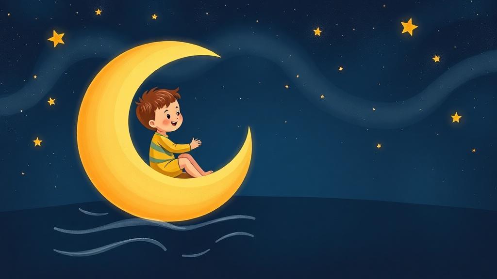 Classic storybook illustration of a toddler floating through a starry sky