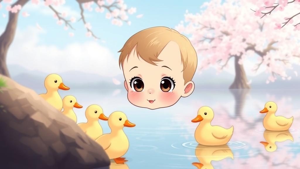 Cute anime style illustration of a toddler feeding ducks at a pond