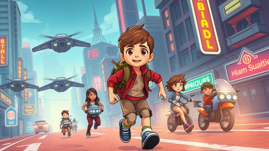 An 11-year-old child leading friends on a mission through a futuristic city with hovering vehicles