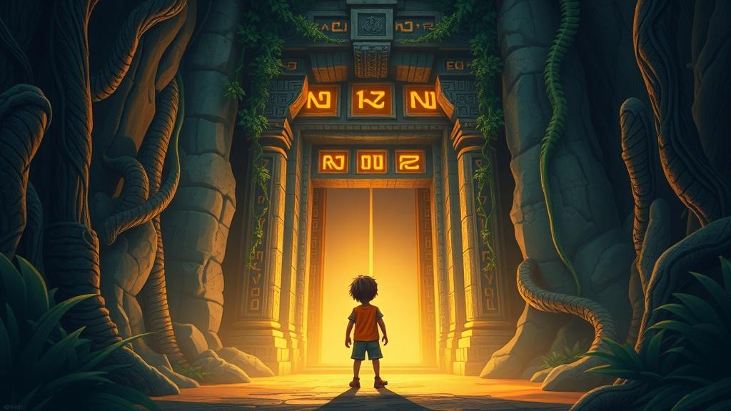 An adventurous 11-year-old child standing at the entrance of a massive ancient temple hidden deep in a jungle