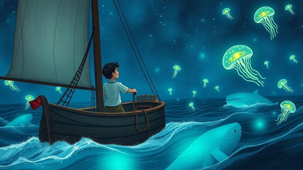 An 11-year-old child navigating a ship through a bioluminescent ocean at night with glowing jellyfish and whales