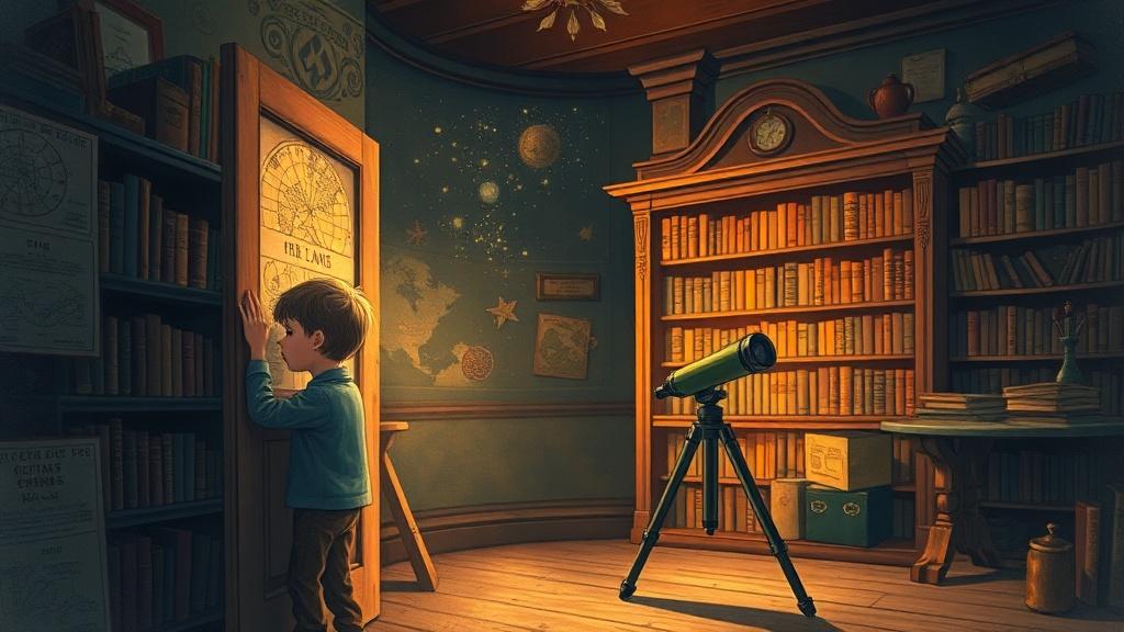 An 11-year-old child discovering a hidden room with star maps and a telescope behind a bookshelf