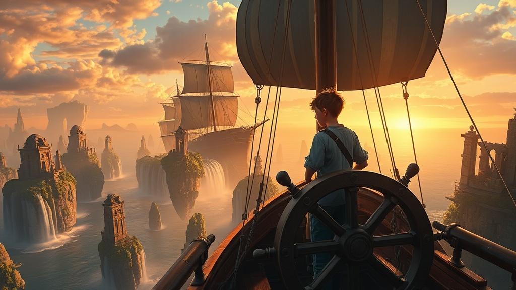 A brave 12-year-old at the helm of a steampunk airship soaring above floating islands with waterfalls and ancient ruins