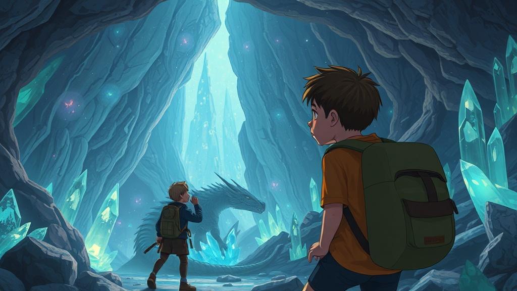 A 12-year-old explorer discovering a massive crystal cave with bioluminescent formations and an ancient dragon