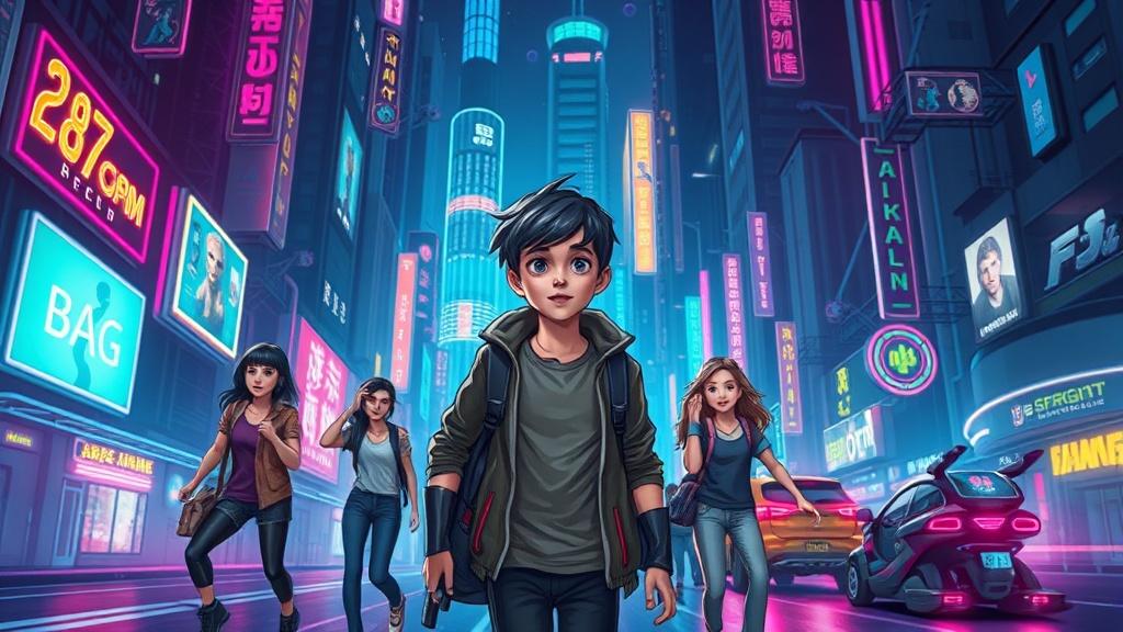 A 12-year-old teenager leading friends through a neon-lit cyberpunk city at night with holographic signs