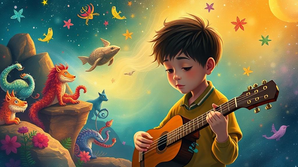 A 12-year-old musician playing a magical instrument that creates visible sound waves transforming into creatures