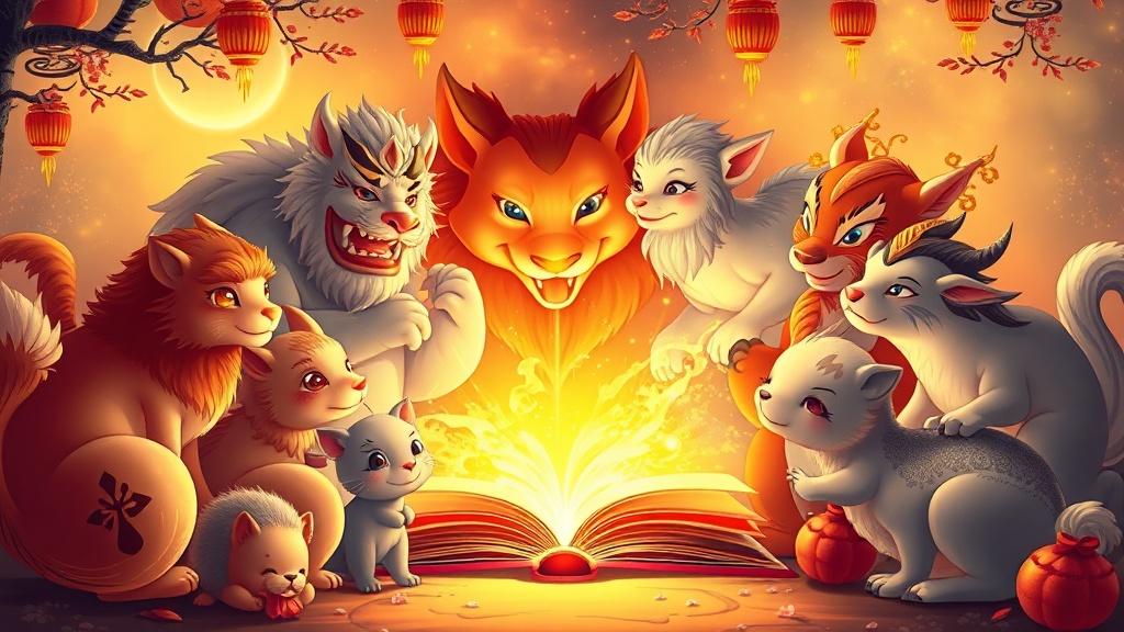 Chinese zodiac animals gathered around a magical storybook glowing with golden light