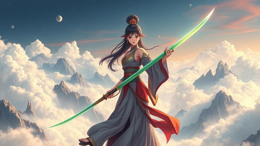 Chinese warrior princess with jade sword in dynamic anime style