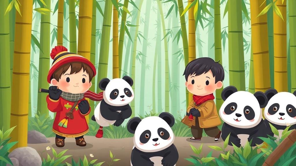 Chinese children exploring bamboo forest with pandas in cartoon style