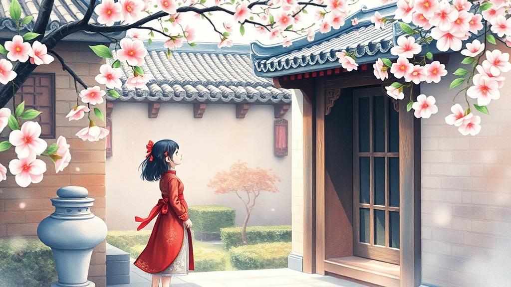 A young girl in a traditional qipao discovering a secret garden behind a Chinese courtyard wall with cherry blossoms