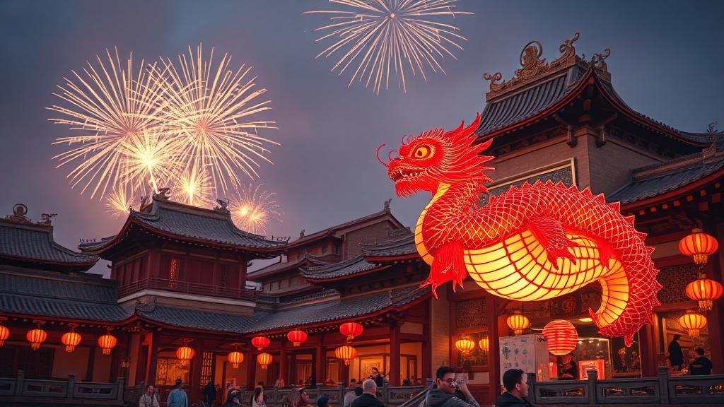 Chinese New Year celebration with dragon dance in cinematic style