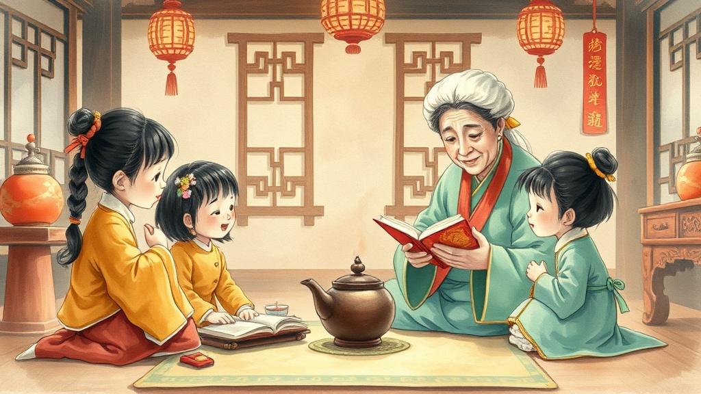Chinese tea ceremony scene in soft watercolor painting style