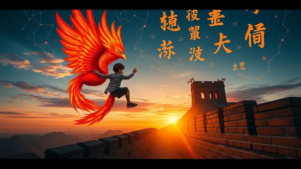 A boy riding a phoenix over the Great Wall of China at sunset with Chinese characters forming constellations