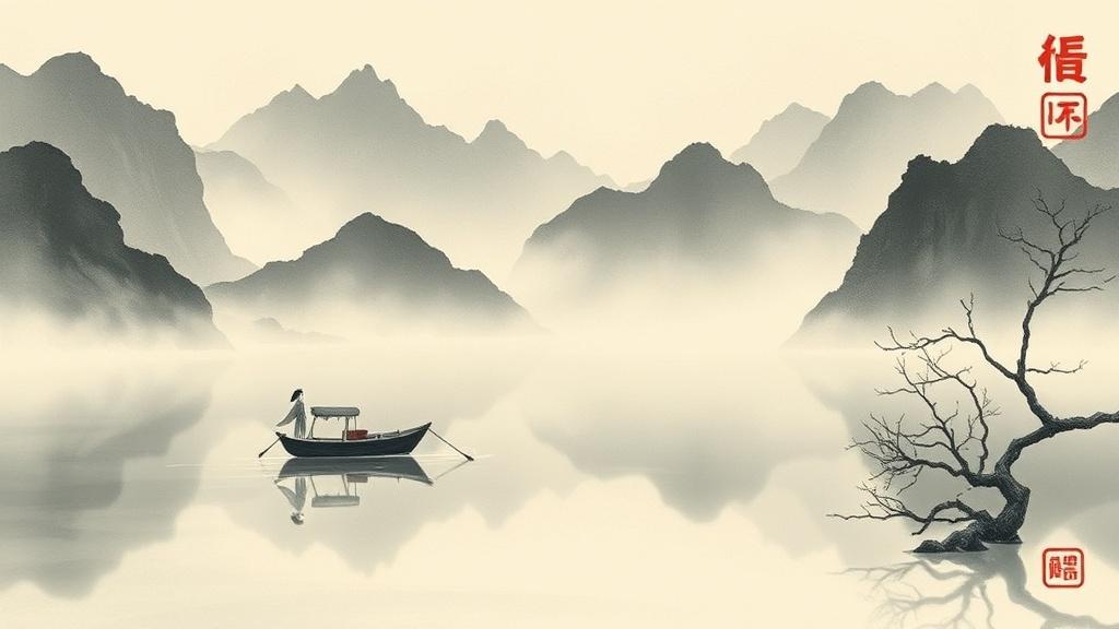 Peaceful Chinese landscape with boat on misty lake in ink wash style