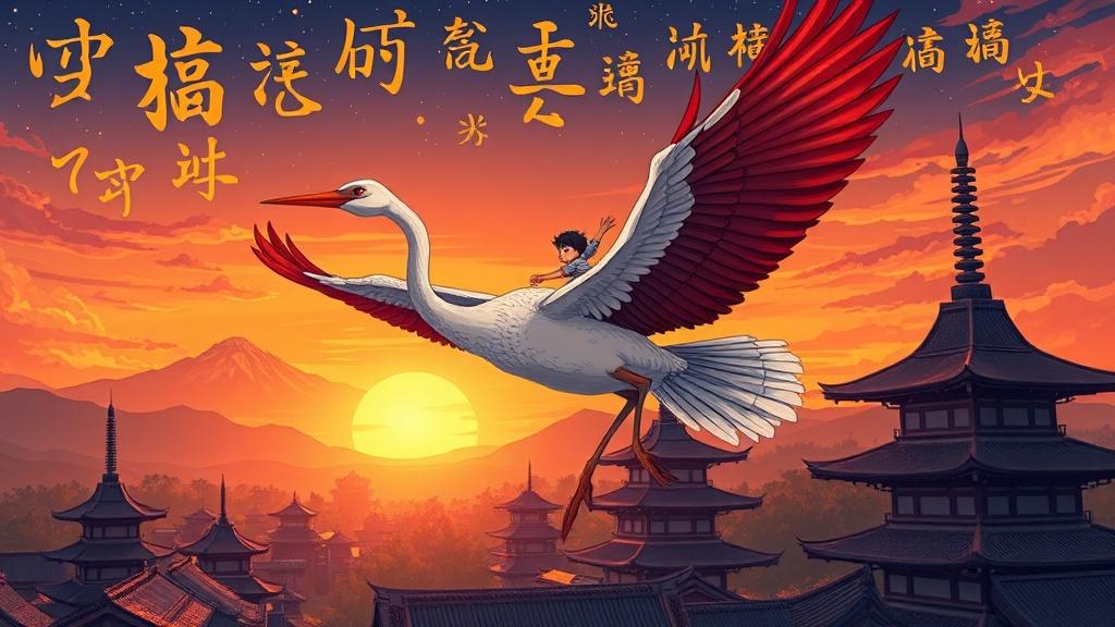 A boy riding a majestic Japanese crane over ancient Kyoto temples at sunset with kanji characters in the sky