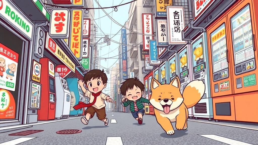 Japanese children chasing a shiba inu through Tokyo in cartoon style