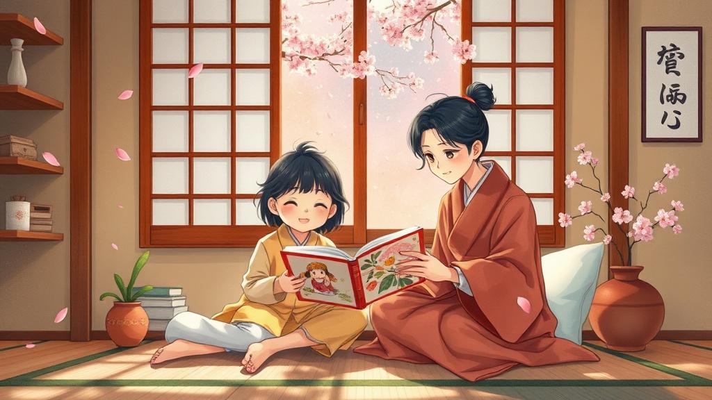 A Japanese family in a cozy tatami room reading a beautifully illustrated Japanese picture book together with cherry blossoms