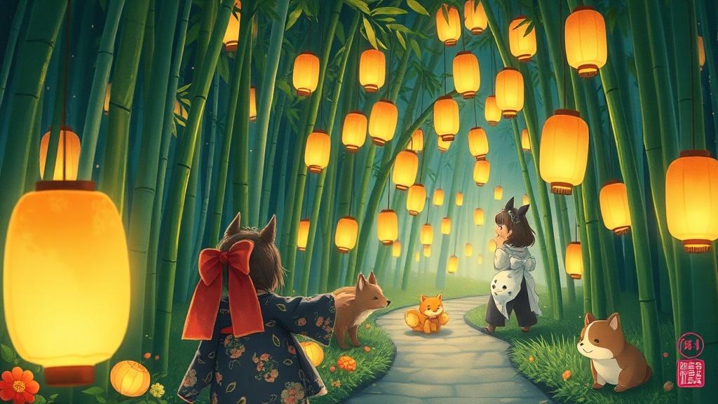 A young girl in a beautiful kimono discovering a secret bamboo grove where friendly tanuki and kitsune spirits play