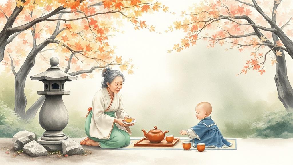 Japanese tea ceremony scene in soft watercolor painting style