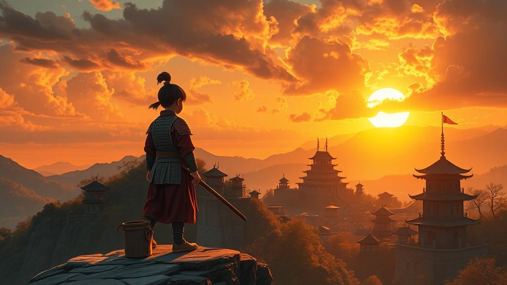 Samurai child overlooking ancient Japanese castle town in cinematic style