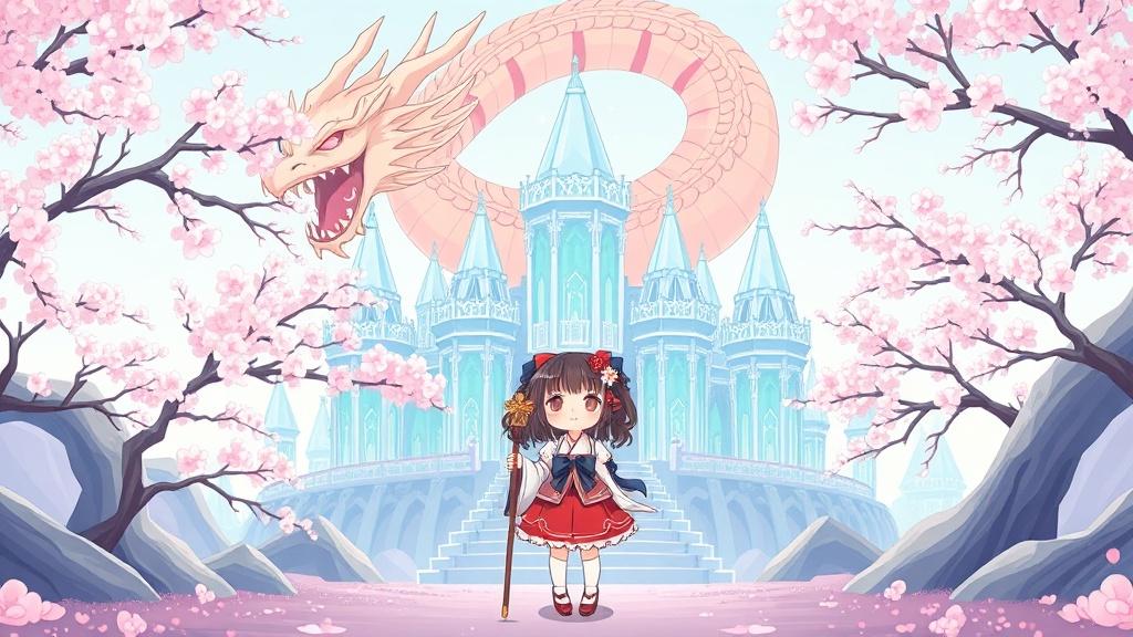 Japanese girl with magical staff before a cherry blossom crystal palace in anime style