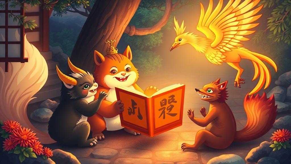 Japanese mythological creatures gathered around a glowing storybook in a zen garden