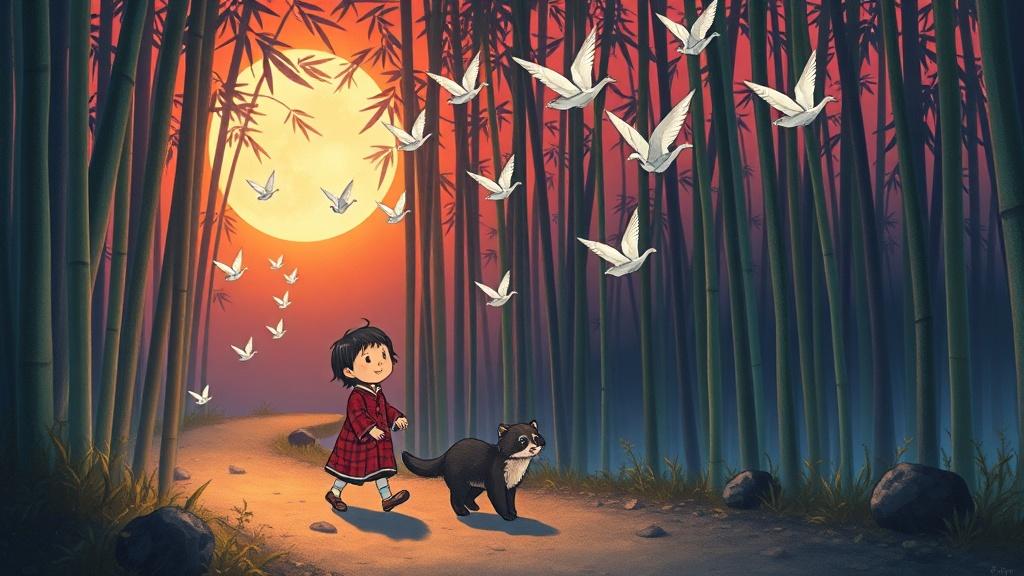Japanese child and tanuki following origami cranes through bamboo forest in storybook style
