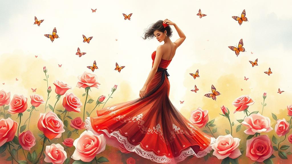 A flamenco dancer twirling in a garden of roses with butterflies in soft watercolor painting style
