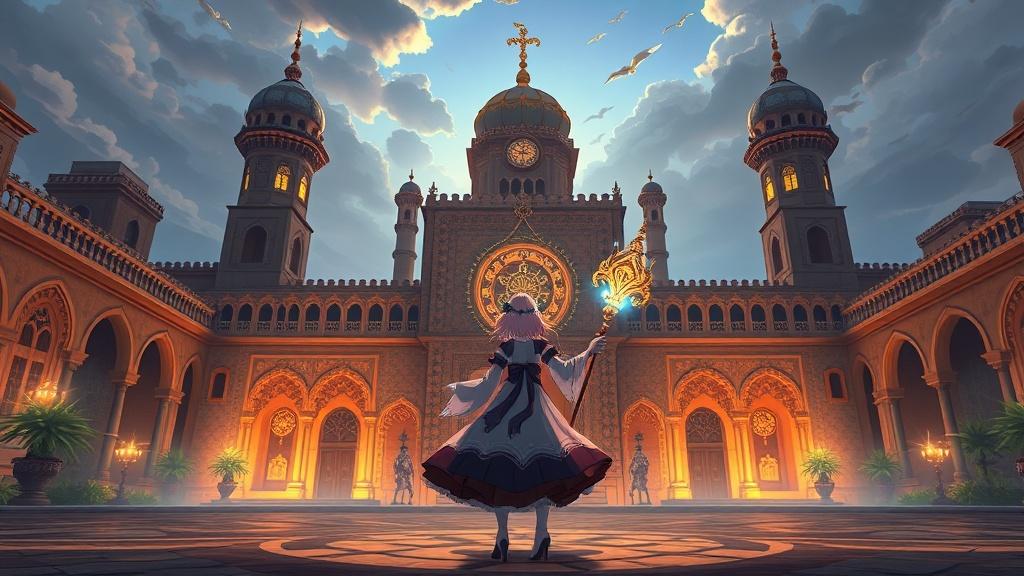 A magical girl with a glowing staff standing before a grand Moorish palace in anime style