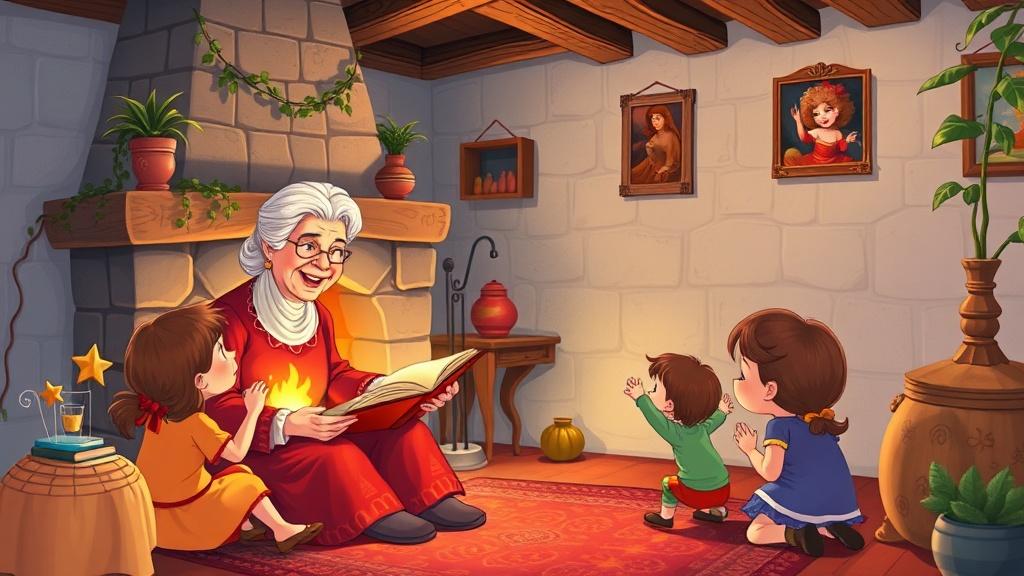 A grandmother reading a fairy tale to children by a fireplace in a traditional Spanish home in storybook style