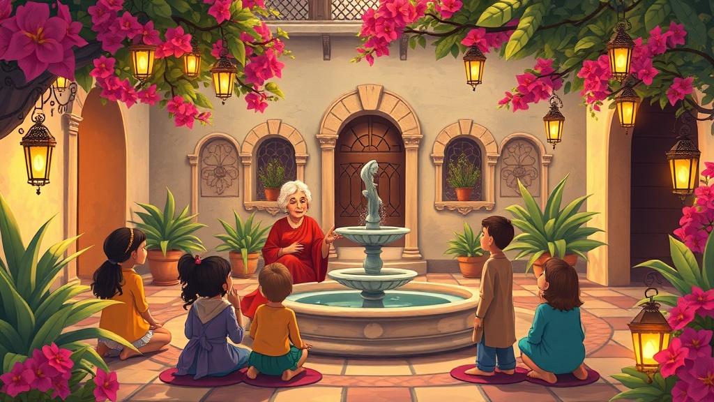 A group of children gathered around a storytelling abuela in a courtyard with a fountain and bougainvillea flowers