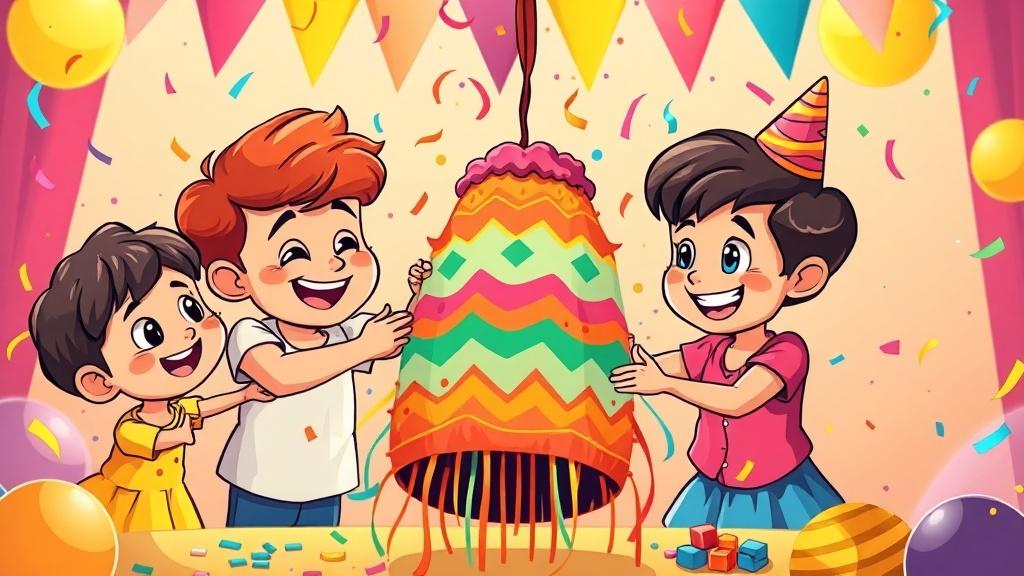 Latino children playing with a pinata at a festive birthday party in bright cartoon style