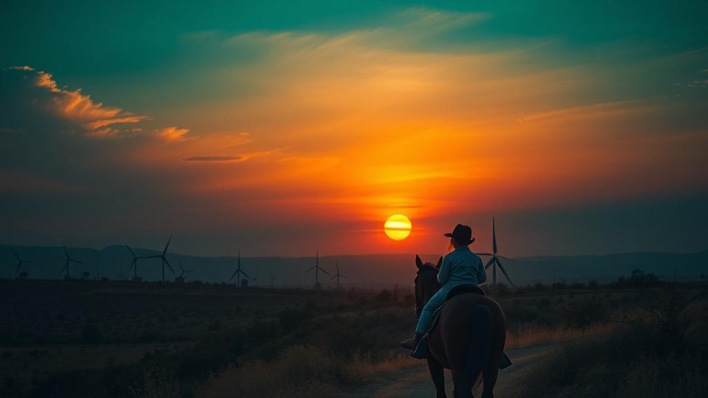 A dramatic sunset over a Spanish countryside with windmills and a child on horseback in cinematic style