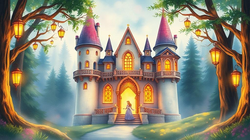 A magical fairy tale castle in an enchanted forest with glowing lanterns and a princess