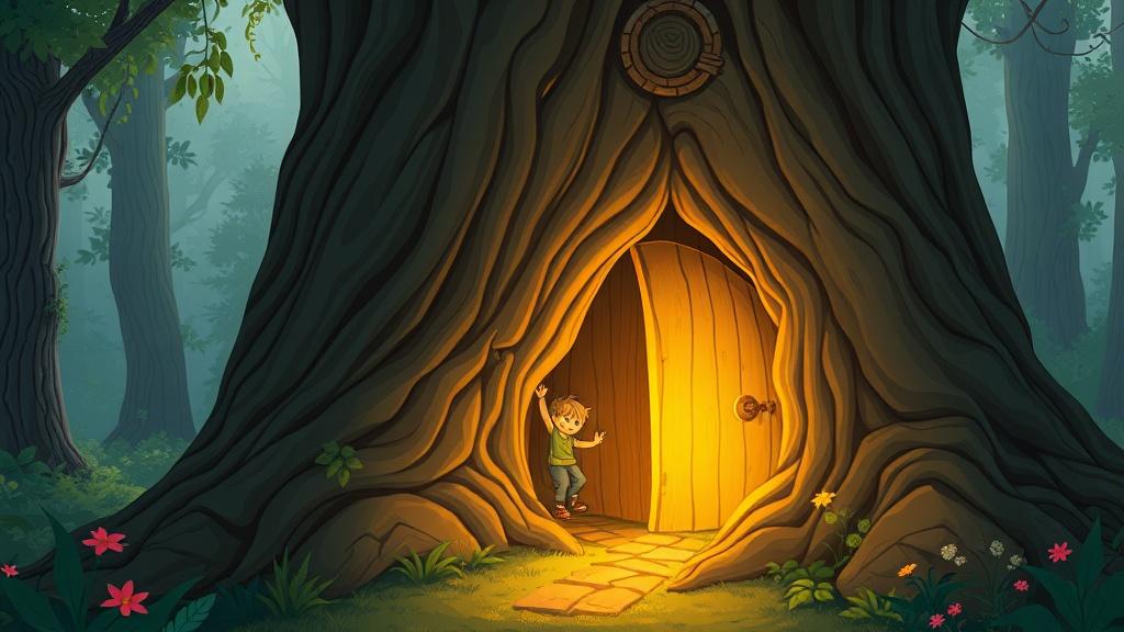 A child discovering a secret fairy tale door in a giant tree trunk