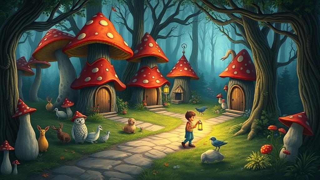 A magical fairy tale forest path with mushroom houses and woodland creatures