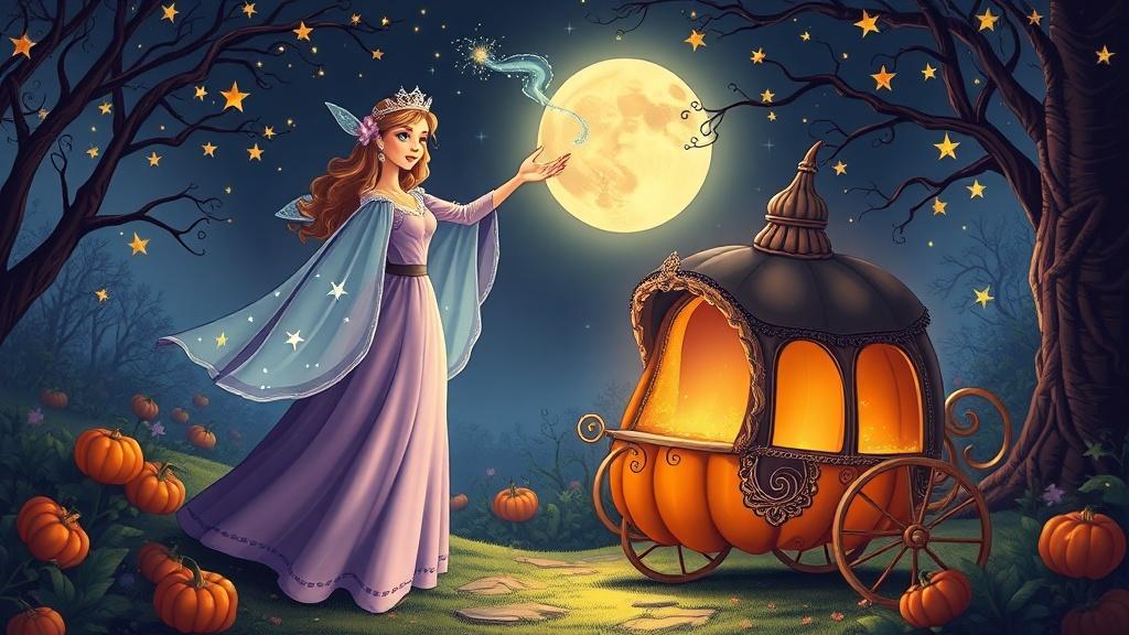 A fairy godmother waving a magic wand over a pumpkin carriage