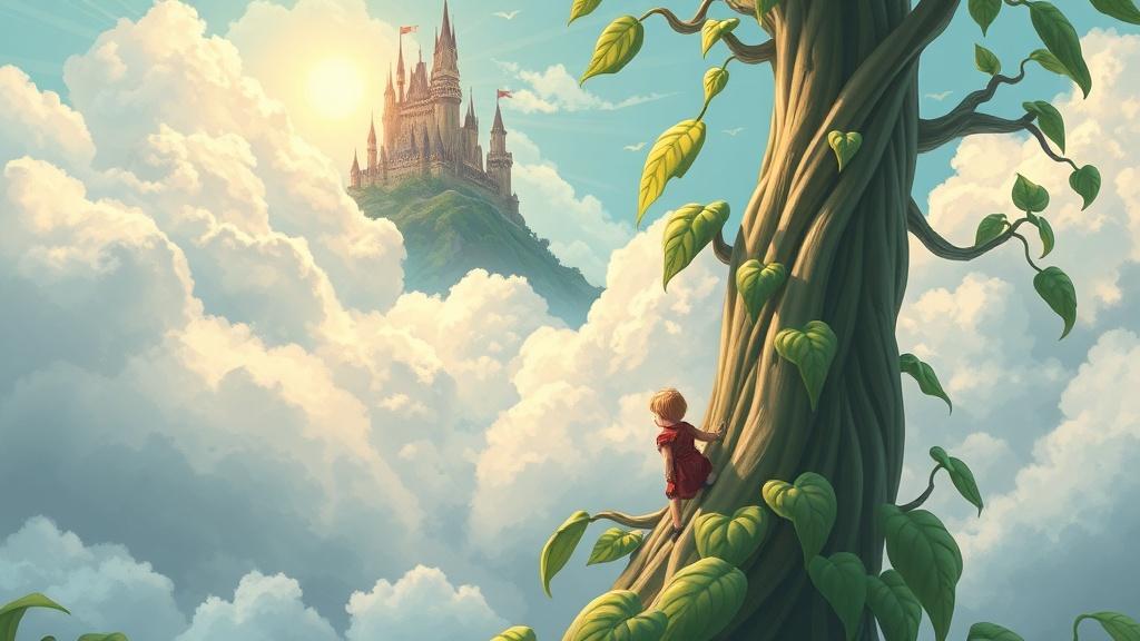 A magical beanstalk growing into the clouds with a child climbing
