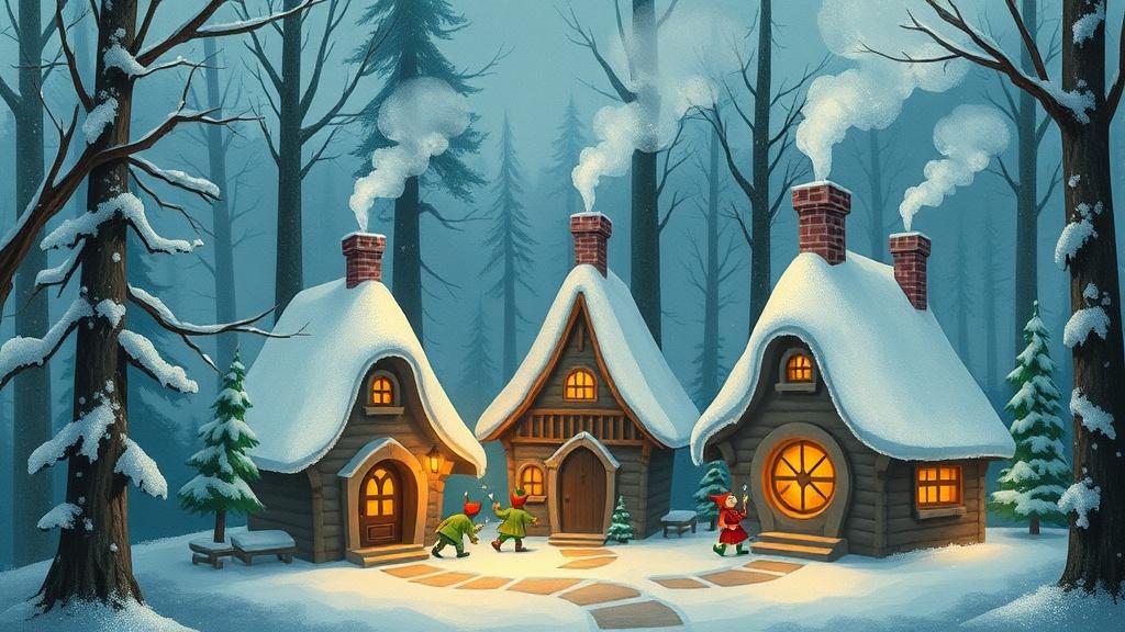 Three little fairy tale cottages in a snowy forest with elves