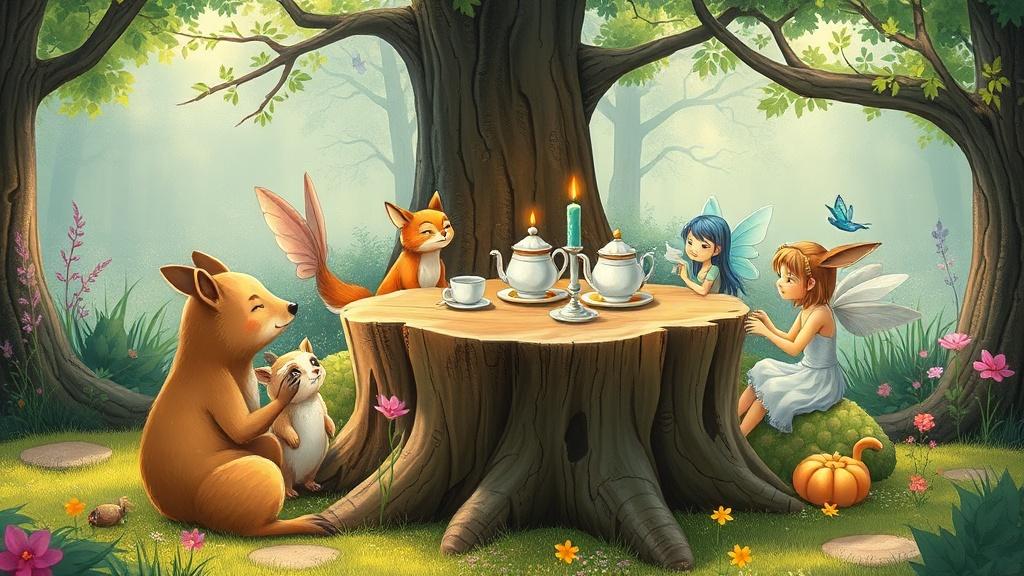 A fairy tale tea party with woodland animals and fairies