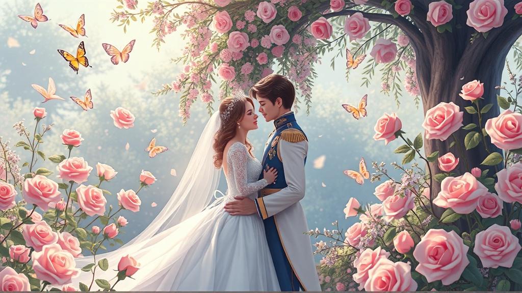 A fairy tale scene with a prince and princess in a garden of roses