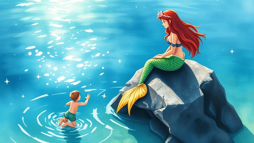 A fairy tale mermaid in a sparkling lagoon with a child on the shore