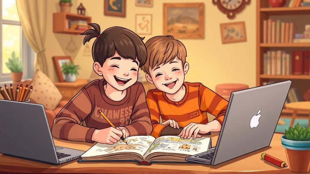 Two siblings working together on a homeschool project creating their own illustrated adventure story